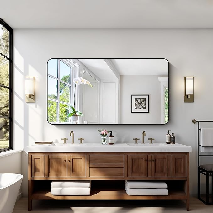 Bathroom Mirror, 30"x55" Black Rectangle Wall Mirror, Metal Frame Rounded Corner Vanity Mirror, Large Wall Mounted Mirror for Modern Bedroom Living Room Horizontal Or Vertical Mounting