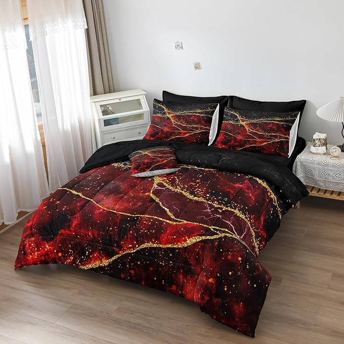 Gold Comforter Set 8 Pcs Red Marble Bedding Set King Size Bed in A Bag Red and Black Marble Stone Texture Abstract Room Decor