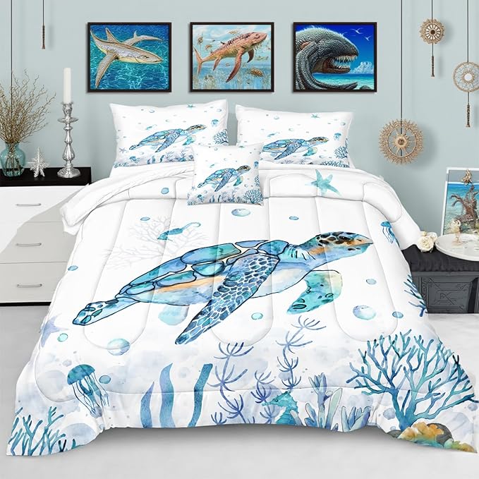 Sea Turtle Comforter Ocean Beach Bedding Twin Size Set Teal Blue Turtle Sea Horse Starfish Ocean Theme Printed Coastal Comforter Set for All Season