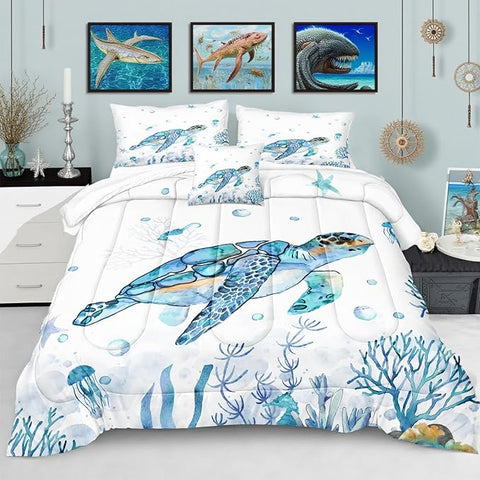 Sea Turtle Comforter Ocean Beach Bedding Twin Size Set Teal Blue Turtle Sea Horse Starfish Ocean Theme Printed Coastal Comforter Set for All Season