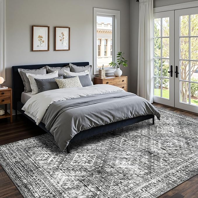 MIULEE 9x12 Vintage Washable Area Rugs Living Room Rug Low Pile Boho Farmhouse Floor Mat for Bedroom Dining Room Under Kitchen Table, Non-Slip Stain Resistant Soft Large Carpet for Home Decor, Black