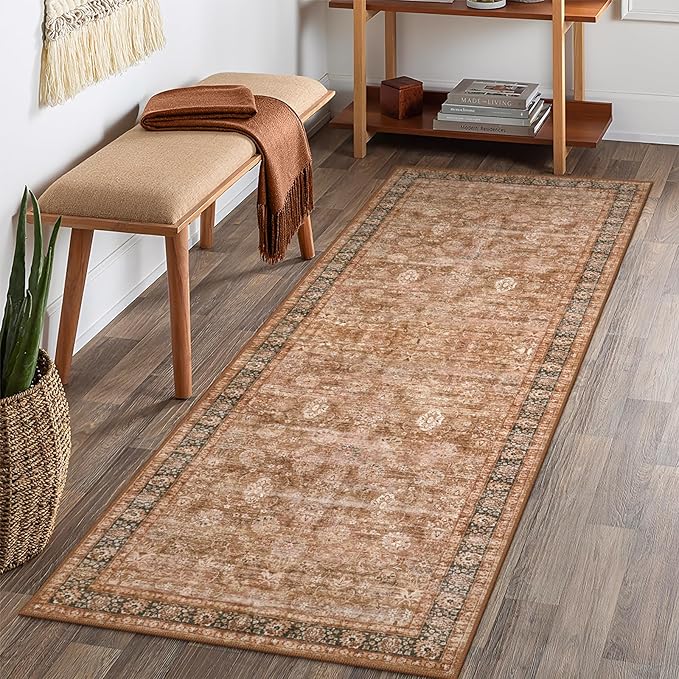 Morebes Washable Runner Rug,Boho Runner Rugs for Hallway 2x6, Non Slip Bathroom Rug, Non Shedding Distressed Floral Kitchen Mat Indoor Entrance Floor Carpet Runner for Dorm, Brown