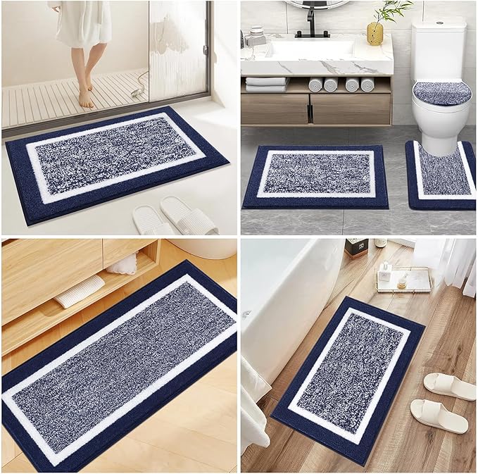 Pauwer Bathroom Rugs Set 5 Piece, Plush Absorbent Microfiber Bath Mats for Bathroom, Non Slip Washable Bath Rug Set with U Shaped Contour Toilet Rugs, Shower Rug and Toilet Lid Cover, Navy Blue