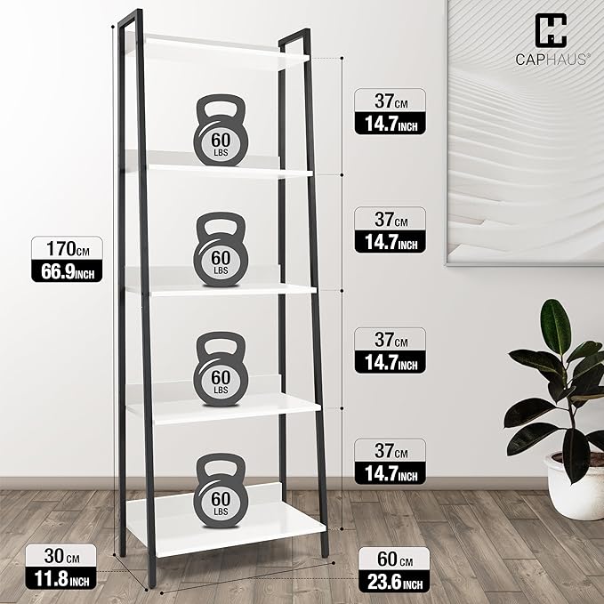 CAPHAUS 5 Tier Ladder Bookshelf, 24 Inch Width Free Standing Shelf, Bookcase Shelf Storage Rack Organizer, Industrial Book Shelves for Home Office, Living Room, Kitchen, White, Vintage Shelves
