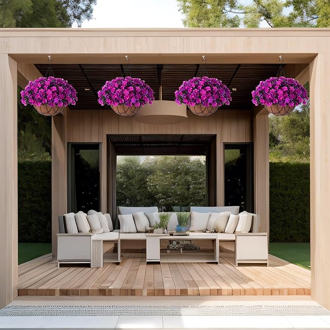 Artificial Hanging Flowers with 12" Basket Outdoor Spring Summer Decor, Fake Hydrangea UV Resistant Arrangements in Pot Planter Decor for Indoor Porch Garden Yard(Double Lotus)
