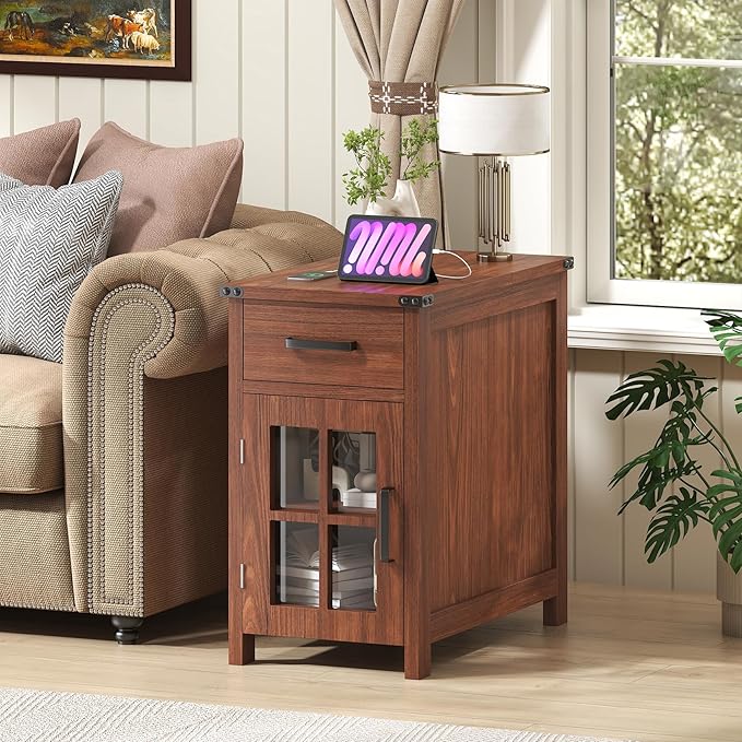 Farmhouse End Table with Charging Station and 1 Storage Cabinet, 1 Drawer, Cherry Wood Nightstand Narrow, Skinny Side Table, Slim Bedside Table, Small Nightstand for Bedroom, Living Room, Sofa