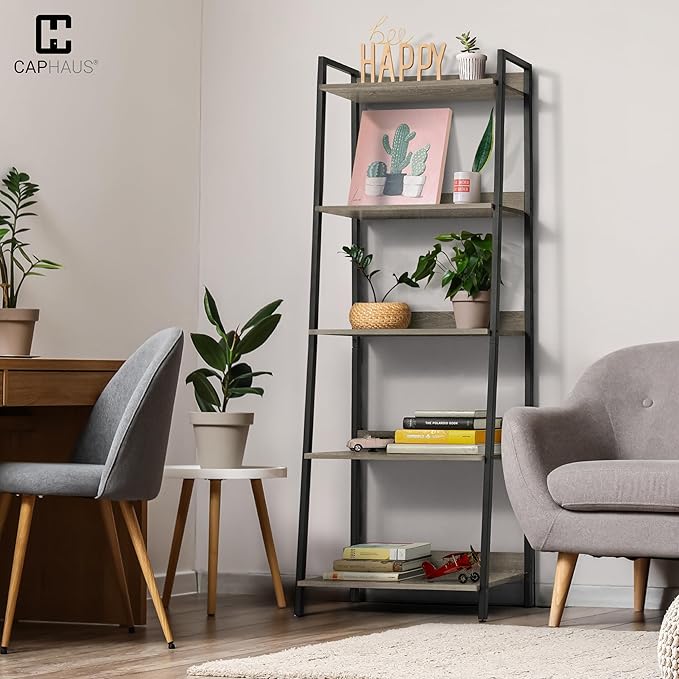 CAPHAUS 5 Tier Ladder Bookshelf, 24 Inch Width Free Standing Shelf, Bookcase Shelf Storage Rack Organizer, Industrial Book Shelves for Home Office, Living Room, Kitchen, Dark Grey, Vintage Shelves
