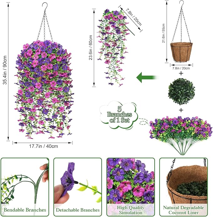 Dremisland 2 Set Artificial Hanging Baskets Outdoor Multicolored Silk Flower Plants Fake Flowers DIY Chain Hanging Basket Daisy Faux Flowers with Pot for Porch Garden Balcony Patio Summer Decor