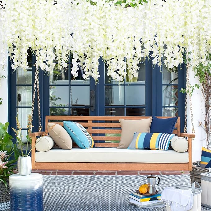 24 Pack Artificial Fake Wisteria Vine Ratta (3.75 Feet) Hanging Garland Silk Flowers String Home Party Wedding Decor (White)