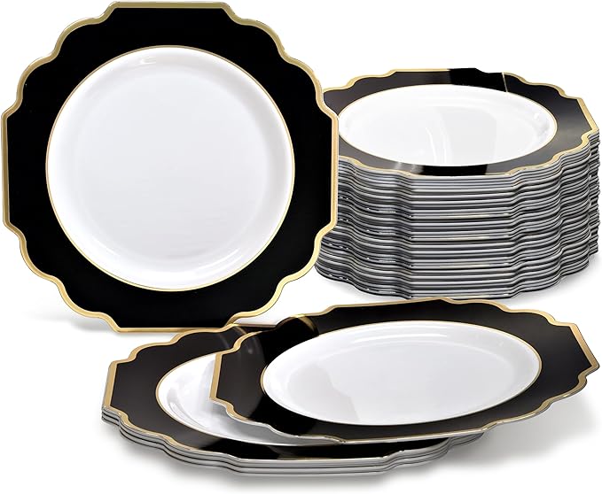 " OCCASIONS " 240 Plates Pack,(120 Guests) Heavyweight Wedding Party Disposable Plastic Plates Set -120 x 10.5'' Dinner + 120 x 8'' Salad / Dessert (Imperial in Black & Gold)