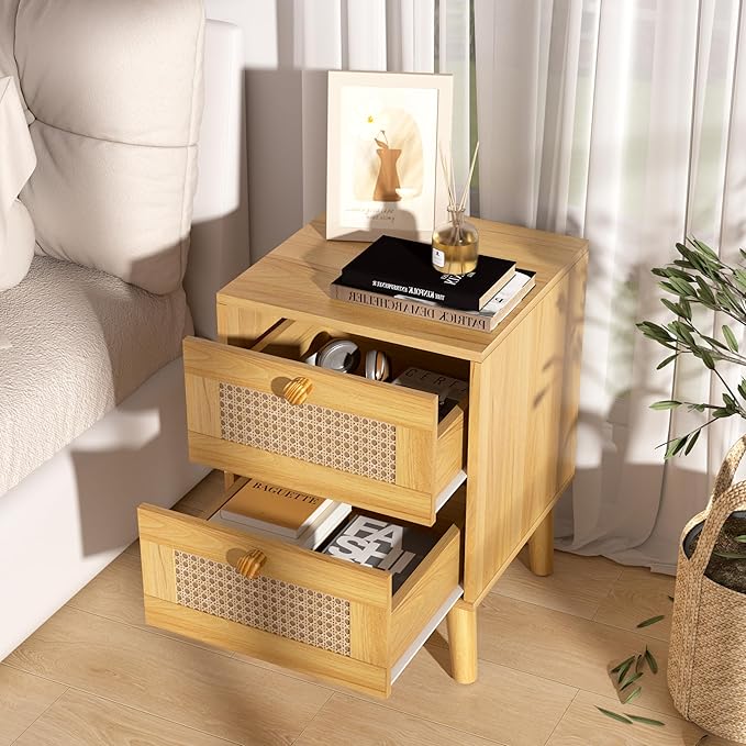Rattan Nightstand,Boho and Wood Night Stand with Drawers,Bedside Rattan Table and Small nightstand,Natural Wood Nightstand for Bedroom,Oak (Oak)