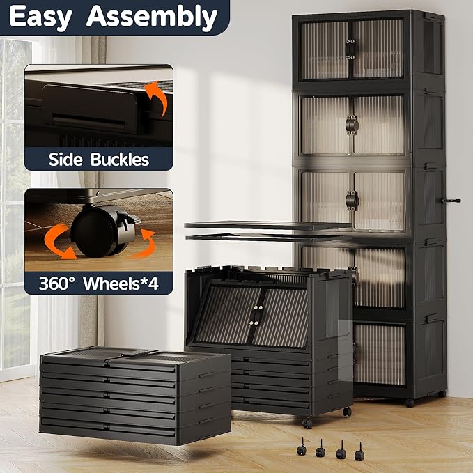JONZEN 525Qt Stackable Storage Bins with Lid, 132 Gal Closet Organizer and Storage Drawer, Collapsible Storage Boxes with Wheels, Plastic Clothes Cabinet Containers, 5Pack Black