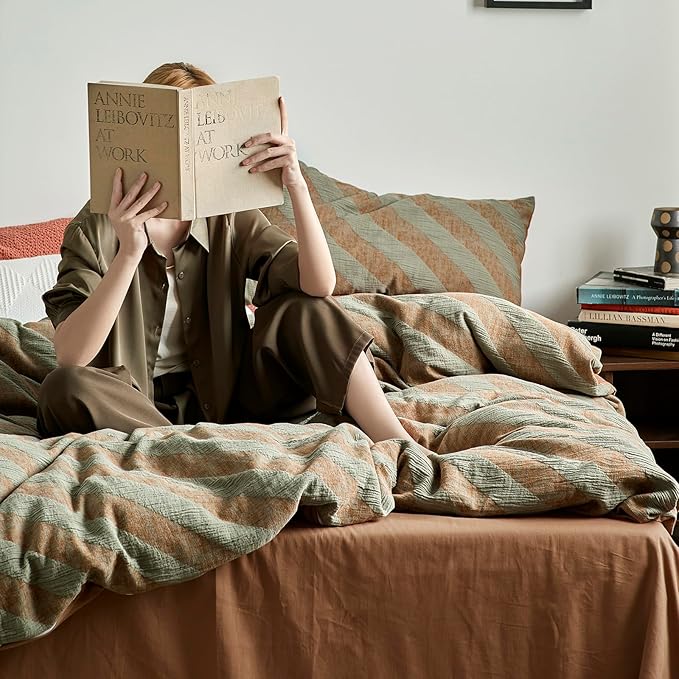 VM VOUGEMARKET Linen Cotton Bedding Striped Duvet Cover King,3 Pieces Green Brown Diagonal Stripes Duvet Cover Sets,Modern Simple Jacquard Comforter Cover with Zipper Ties