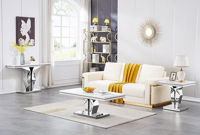 SSLine Rectangular Faux Marble Coffee Table for Living Room Modern Luxury White Marble Center Table with Silver Pedestal Base 46.8" Mid-Century Cocktail Table with Mirrored Stainless Steel Frame