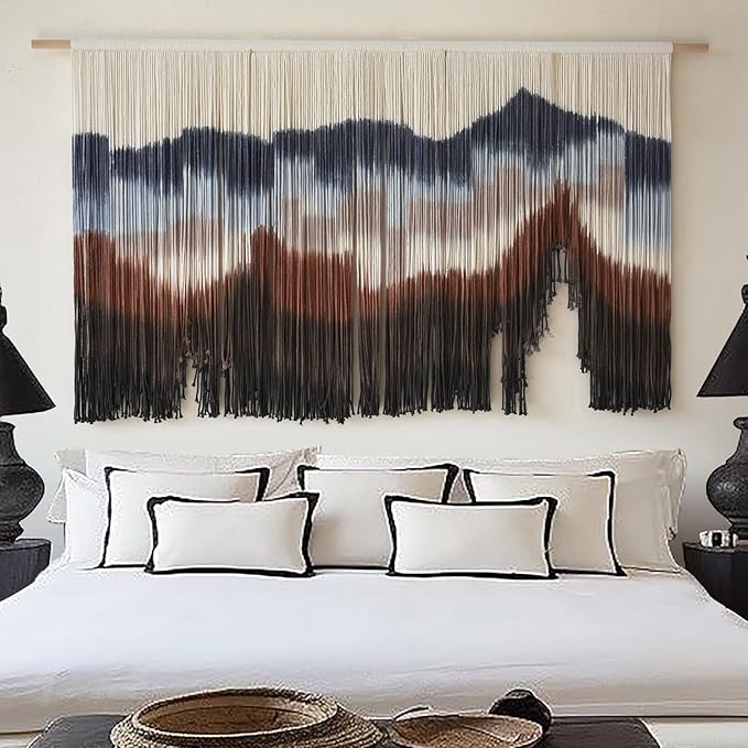 Flber Large Macrame Wall Hanging 57" W x 31" L Handmade Dip Dye Tapestry Bohemian Fiber Art Wall Hanging Mountain Inspired Wall Tapestry Neutral Rustic Wall Decor for Bedroom Living Room