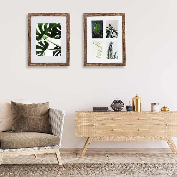 11x14 Picture Frame Set of 2, Made of Real Glass and Rustic Brown Wooden Frame, Display 8x10 Pictures with Mat or 11 x 14 Posters without Mat for Wall Mounting, Gallery Photo Frames