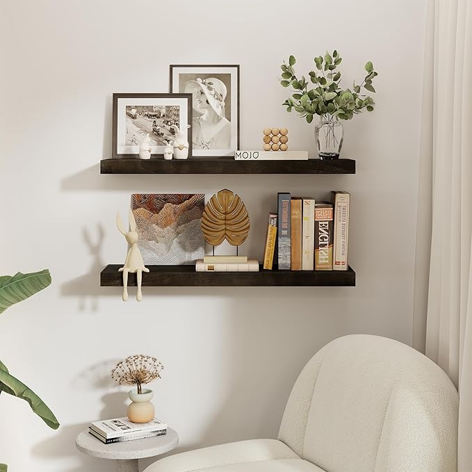 fuqing Floating Shelves for Wall - 36 Inch Natural Wood Shelves Set of 2-9.3 Inch Deep Wooden Wall Shelves with Upgraded Metal Brackets for Room