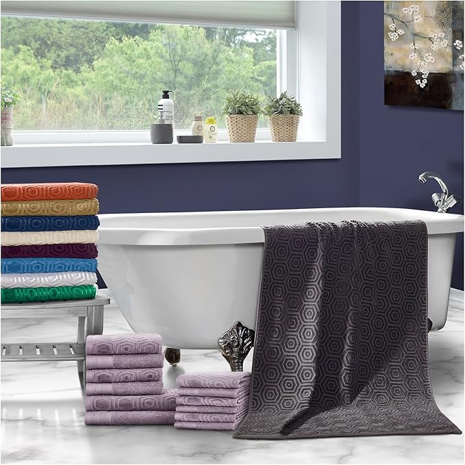 Superior Honeycomb Cotton Medium Weight Towels, for Guest Bath, Master Bathroom, Shower, Quick Dry, Adults, Home Essentials, Textured Waffle Border, Assorted Towel Set, 12 Piece Towel Set, Sage