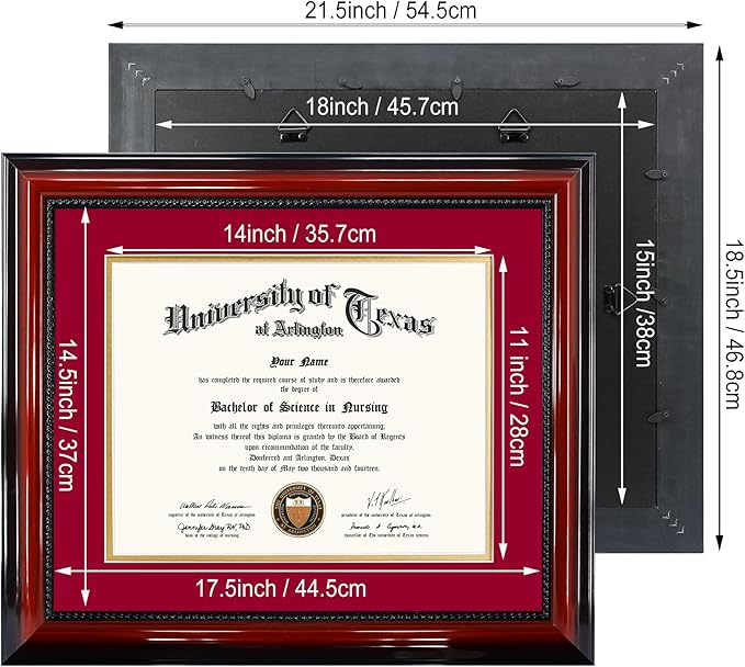 11x14 Diploma Degree Frame with Red Mat or Display 15x18 Certificates without Mat,Solid Wood,Cherry Finish with Intricate Black Rope Detail,UV Protection Acrylic