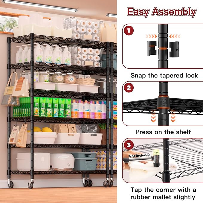 PrimeZone 6 Tier Wire Shelving with Wheels,Metal Shelf Heavy Duty Adjustable Kitchen Storage Shelves Unit,Pantry Organizer Rack Rolling for Garage Closet Laundry 36''W x 18''D x 78''H