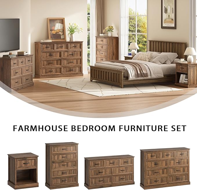 CARPETNAL 20" Farmhouse Nightstand, End Table with Large Drawers & Open Storage, Side Table, Bedside Cabinet for Bedroom, Living Room, Walnut
