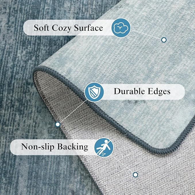 Washable Rug 8x10 Area Rugs for Living Room - Stain Resistant Non-Slip Backing Boho Rug for Bedroom,Durable & Ultra-Thin Vintage Large Area Rug(8x10,Blue)