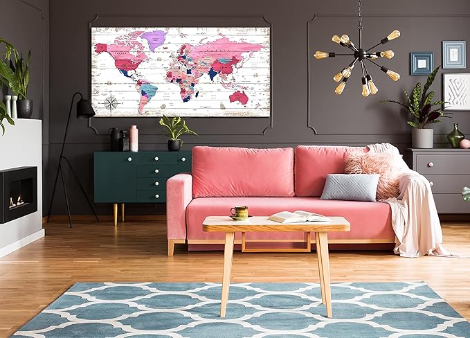 ZHAOSHOP Large World Map Canvas Wall-Art - Wall Decor for Girls Bedroom - Pink Pictures Wall Decor Ready to Hang Size 59" x 29"