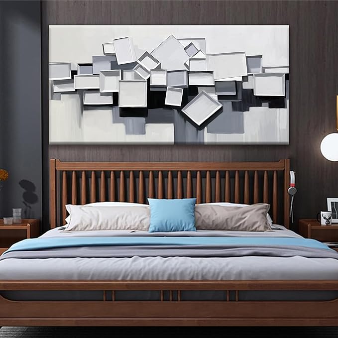 Tsomzxng Large Abstract Wall Art Grey And White Wall Art Geometric Color Block Line Wall Painting Canvas Art Wall Decor Simple Picture Artwork For Living Room Bedroom Office Artwork 29"X 58"