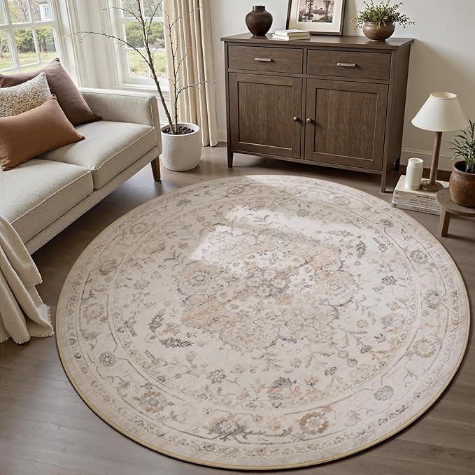 PADOOR-Vintage 6FT Round Rug-Rugs for Living Room-Soft Beige Circle Rug-Machine Washable Rugs for Bedroom-Non Slip Carpet-Rug for Dining Room Living Room Bedside Office