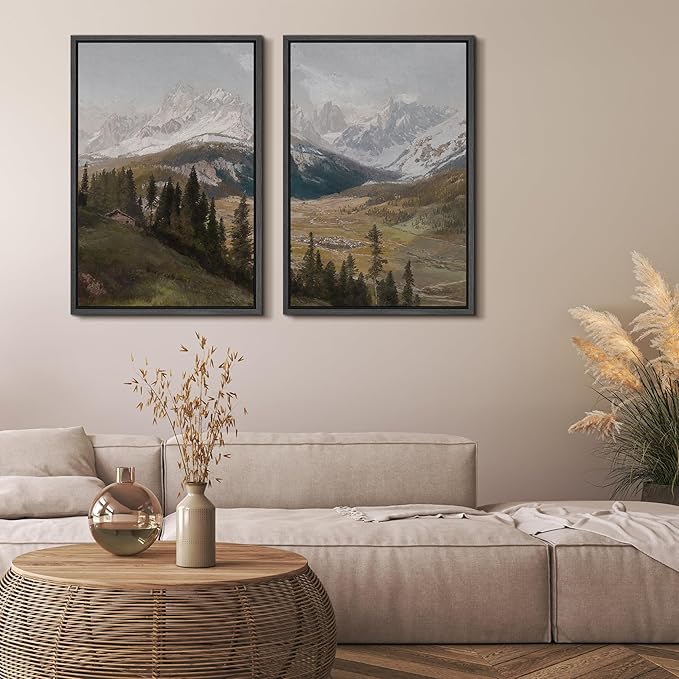 MUDECOR Framed Canvas Print Wall Art Alpine Meadow and Mountain Range Rustic Cabin Nature Nature Wilderness Illustrations Realism Decorative Scenic for Living Room, Bedroom, Office - 16"x24"x2 Black