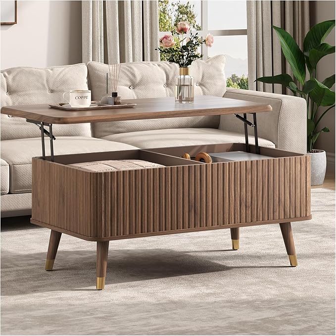 Lift Top Coffee Table, Mid Century Modern Coffee Table with Hidden Storage Compartment, 38" Fluted Center Table for Living Room, Home Office, Walnut