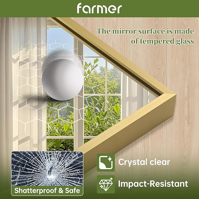 FARMER 24x36 Inch Gold Bathroom Mirror, Rectangle Wall Mounted Mirror, Vanity Mirror, Brushed Square Mirror, Framed Bathroom Mirror for Bedrooms, Entryways, Living Rooms, Horizontal/Vertical