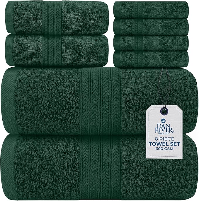 DAN RIVER 8 PC Luxury Bath Towels for Bathroom, 2 Bath, 2 Hand, and 4 Wash Cloths, 600 GSM 100% Ring Spun Cotton Towel Set, Highly Absorbent, Gym, Hotel, and Spa, Hunter Green
