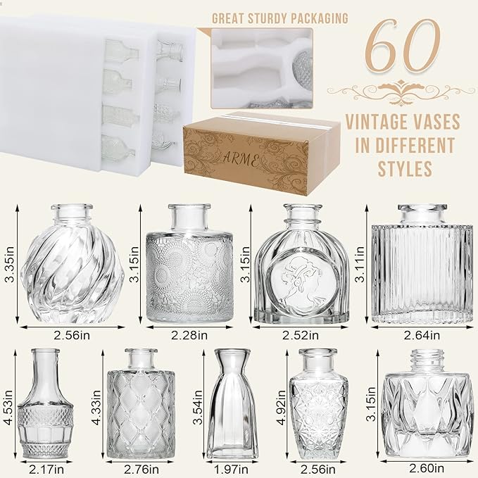 Arme Glass Bud Vase Set of 60 Pcs, Small Clear Glass Bud Vases in Bulk for Flowers, Rustic Wedding Centerpieces and Vintage Decorations, Perfect for Home, Table and Events with Elegant Design