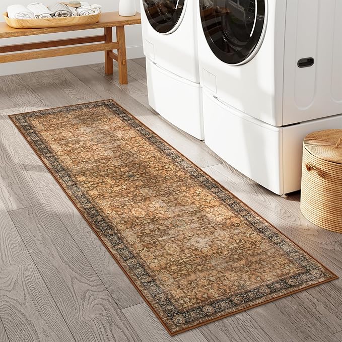 Morebes Vintage Washable Runner Rug 2x6, Floral Kitchen Runner Rugs Non Slip, Super Soft Distressed Indoor Throw Carpet for Hallway Bedroom Bedside Bathroom Laundry Room, Dark Brown