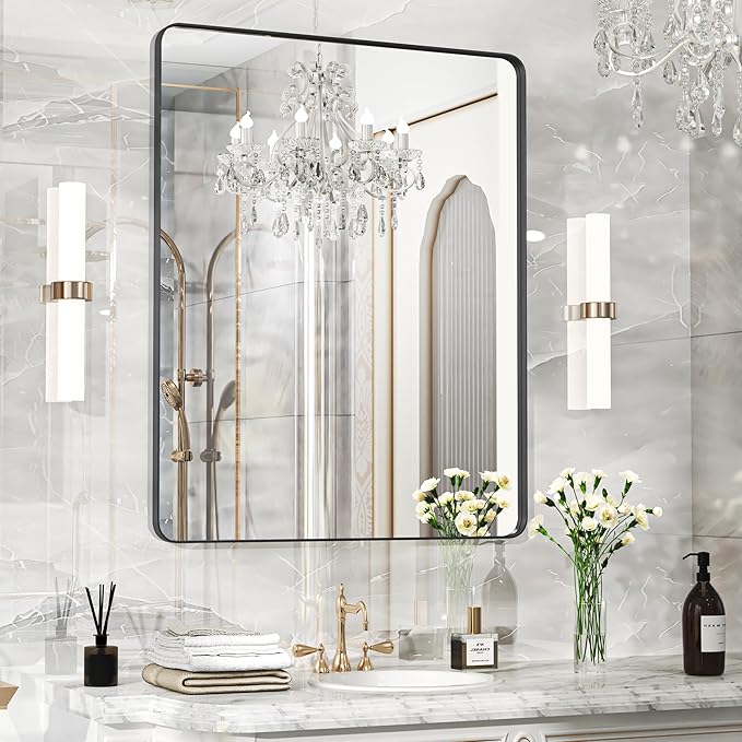 40×30 Black Bathroom Mirror, Rectangular Bathroom Vanity Mirror for Wall with Rounded Corners & Aluminum Alloy Frame, Tempered-Glass, Modern, Farmhouse, Horizontal/Vertical, Entryway, Bedroom