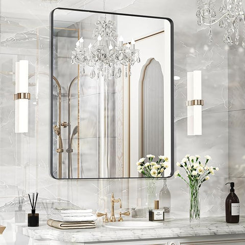 40×30 Black Bathroom Mirror, Rectangular Bathroom Vanity Mirror for Wall with Rounded Corners & Aluminum Alloy Frame, Tempered-Glass, Modern, Farmhouse, Horizontal/Vertical, Entryway, Bedroom