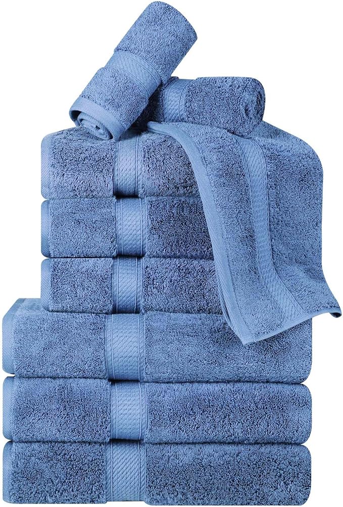 BNM Egyptian Cotton Heavyweight Towels, Ideal For Bathroom, Shower, Spa, Hotel, 800 GSM, Face/ Washcloths, Hand Towels, Bath Towels, Highly-Absorbent, Luxury Home Basics, 9 Piece Towel Set, Denim Blue