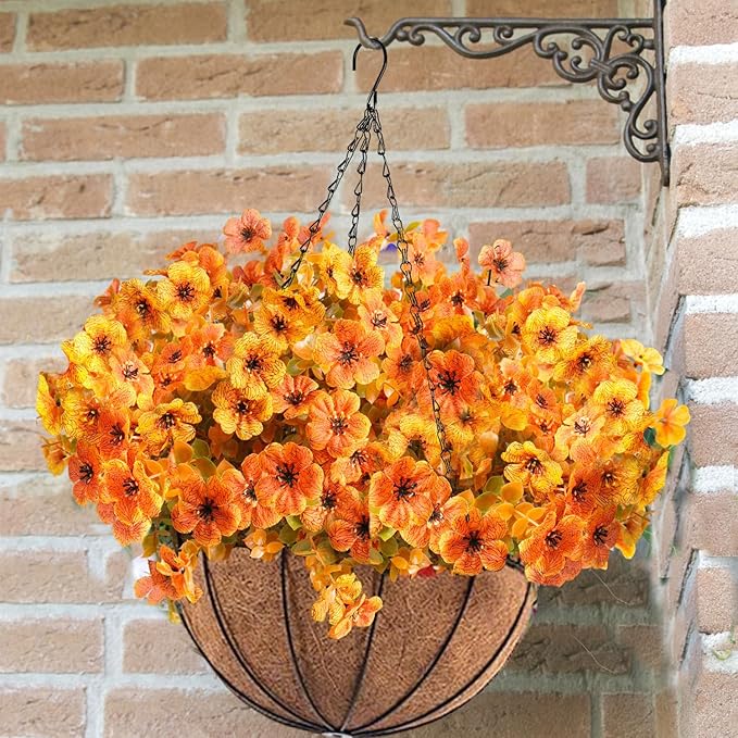 Orgrimmar 2 Pack Artificial Hanging Flowers Basket Outdoor Fake Hanging Plants UV Resistant Realistic Silk Flowers Eucalyptus in Coconut Lining Baskets for Home Porch Balcony Patio Yard Orange