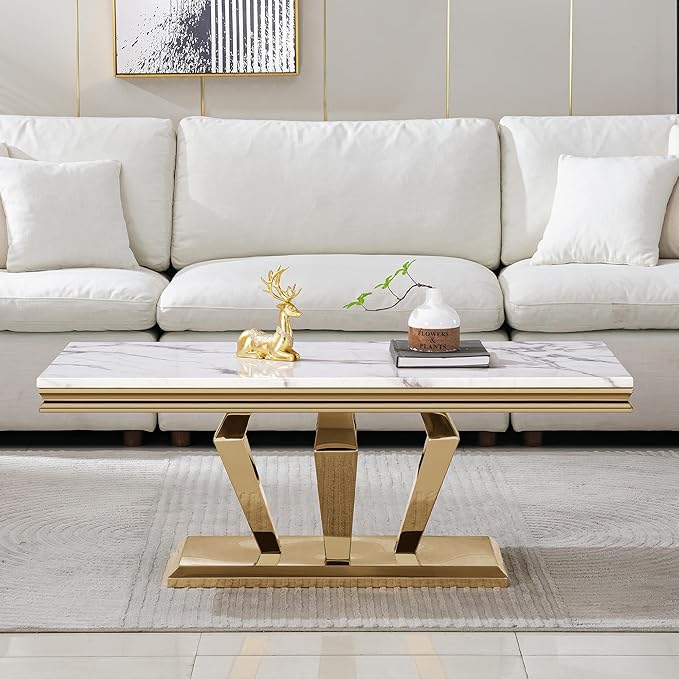 SSLine Rectangular Faux Marble Coffee Table for Living Room Modern Luxury White Marble Center Table with Gold Diamond Base 46.8" Mid-Century Cocktail Table with Mirrored Stainless Steel Frame