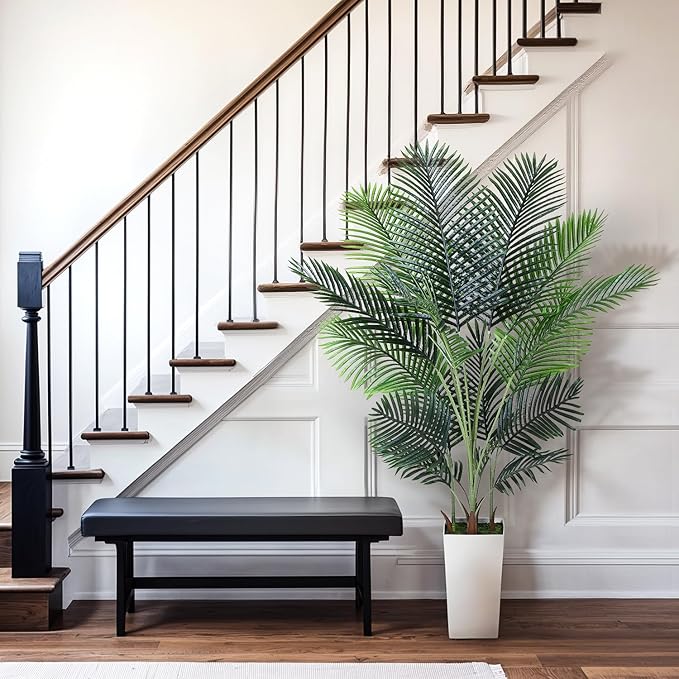 Artificial Areca Palm Tree 6FT Fake Potted Plant Faux Silk Tropical Areca Palm Real Bark Design, Large Artificial Plant in Tall White Pot for Home Living Room House Warming Floor Decor