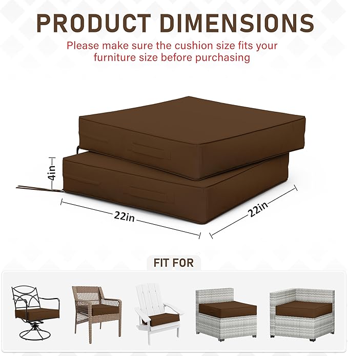 Patio Chair Cushions 22 X 22 X 4 Inch Waterproof Outdoor Seat Cushions for Patio Furniture, Outdoor Sofa Couch Pads with Ties & Handle, Set of 2, Chocolate