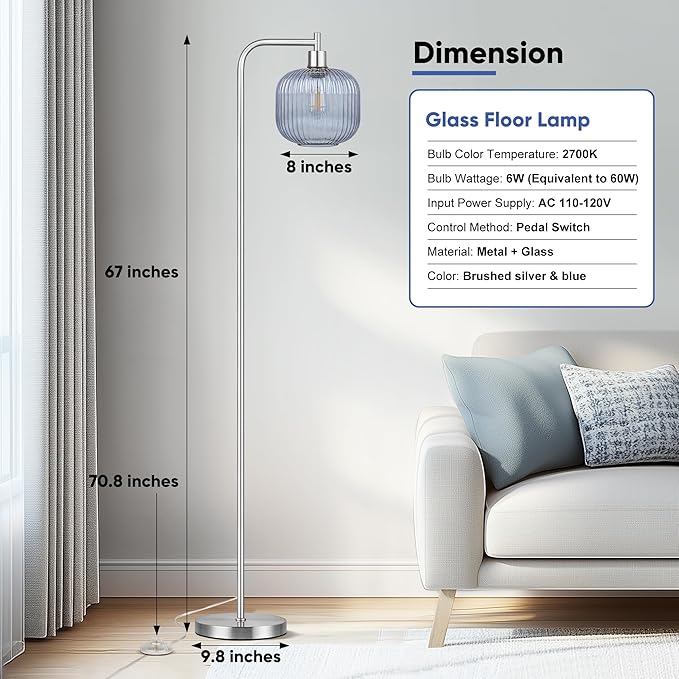 QiMH Glass Floor Lamp for Living Room, 67” Modern Standing Lamp with Blue Ribbed Glass Lampshade Pedal Switch Tall Lamp for Bedroom, Brushed Silver(2700K LED Bulb Included)