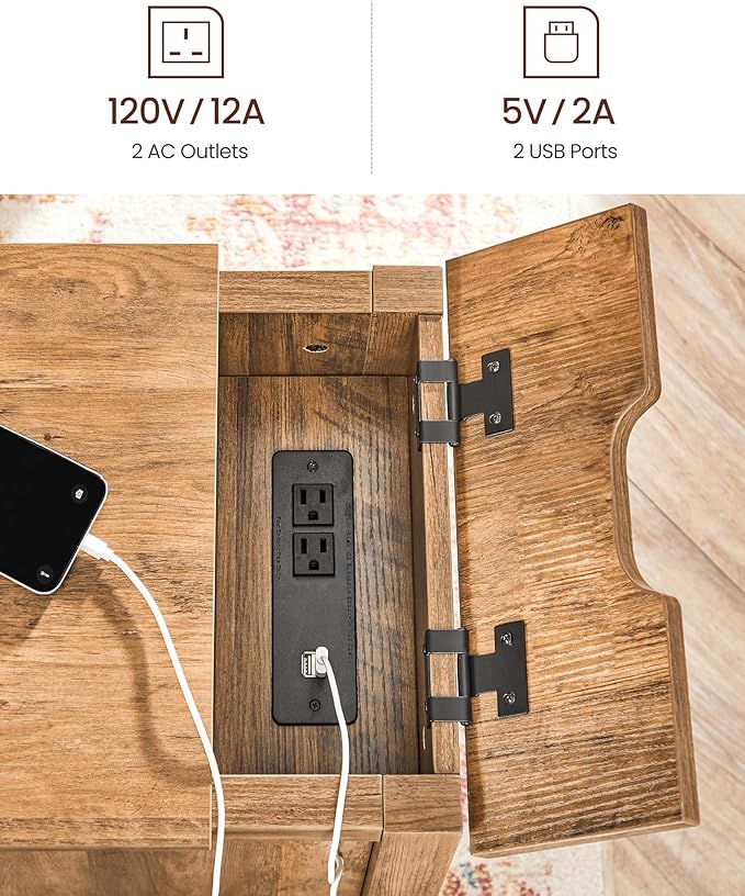 VASAGLE Side Table with Storage, End Table with USB Ports and Outlets, Nightstand with Charging Station, Drawer, Storage Cabinet, Magazine Rack, for Living Room, Bedroom, Rustic Walnut ULET312T41
