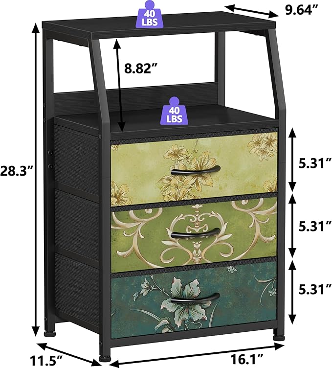 Furnulem Retro Night Stand with 3 Drawers and 2-Tier Shelf, Small Nightstand Side Table, Vintage Storage Dresser for Bedroom, Fabric Drawer Organizer for Closet, Beside Furniture