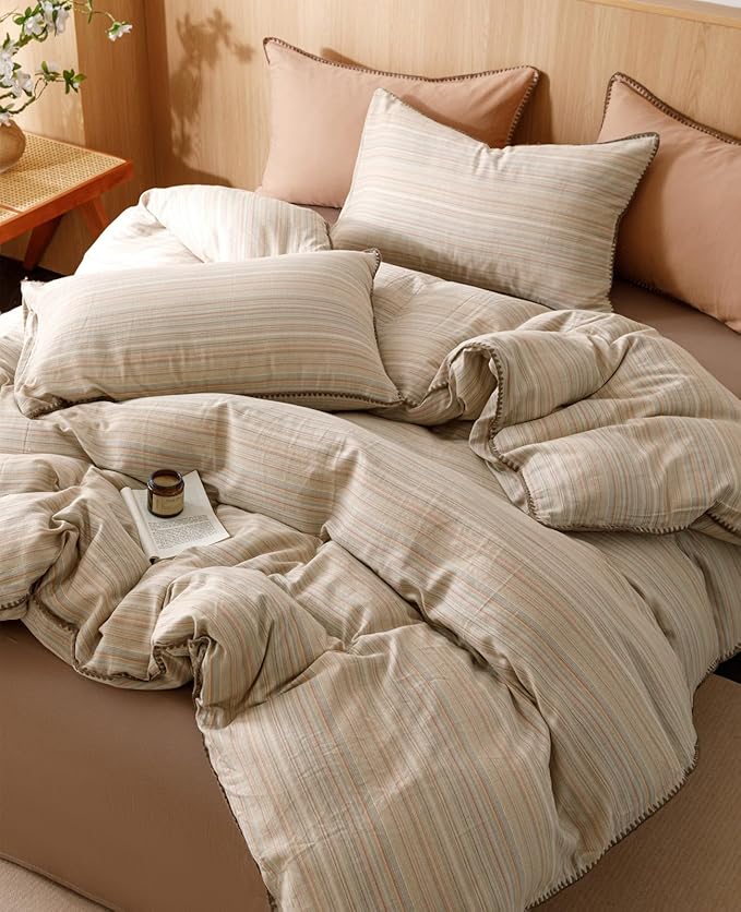 VM VOUGEMARKET Stripes Duvet Cover Set Queen 3pcs Yarn Dyed Muslin Cotton Horizontal Pinstripe Ticking Pattern Bedding Set - Tan Brown Stripe, Queen Size