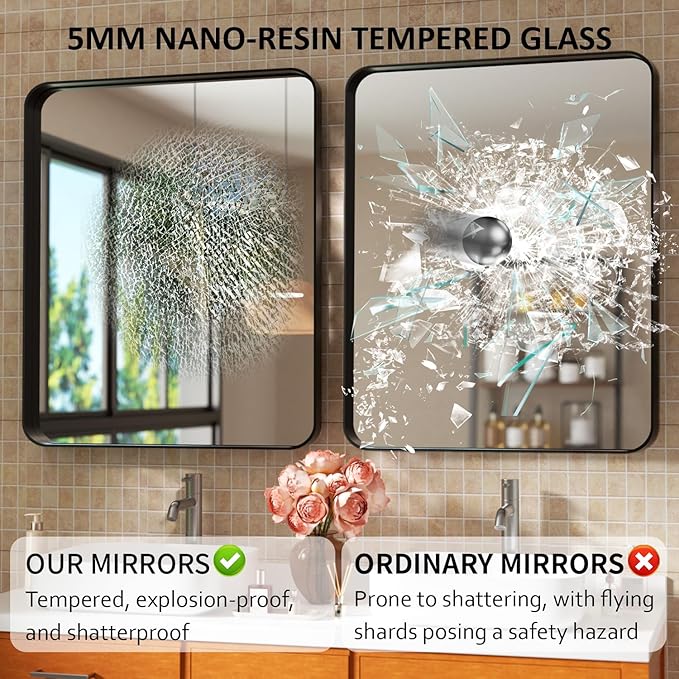 30×36 Framed Mirrors for Wall - Rectangle Black Vanity Mirror with Tempered Glass & Rounded Corners for Bathroom Sink, Bedroom, Hallway, Restroom, Rustproof Frame, Horizontal/Vertical, Modern