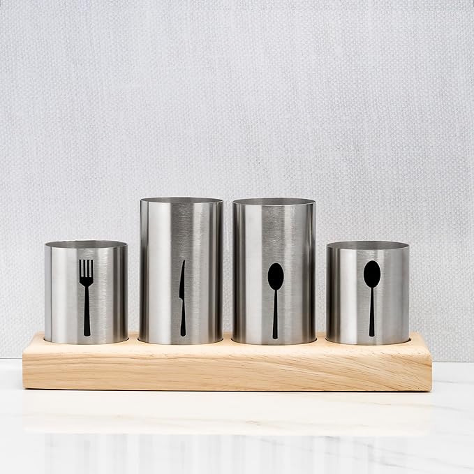 Sorbus Utensil Holder,Upright Silverware Holder with Caddy for Spoons, Knives and Forks, Entertaining,Stainless Steel Cutlery Organizer with Bamboo Wood Base