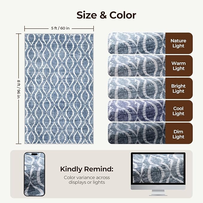 WITSHOCK Area Rugs for Living Room 5x8: Washable Non-Slip Soft Geometric Large Indoor Rug for Bedroom Dining Room, Low Pile Boho Pattern Carpet for Nursery Playroom Decor, Kid & Pet Friendly, Blue