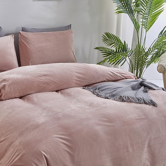 Pureant Pink Velvet Comforter Sets King Women Girls Blush Pink Fluffy Bedding Comforters Adults Teens Cute Dusty Pink Winter Quilts Solid Light Red Flannel Quilt Bean Pink Micromink Sherpa Plush Bed